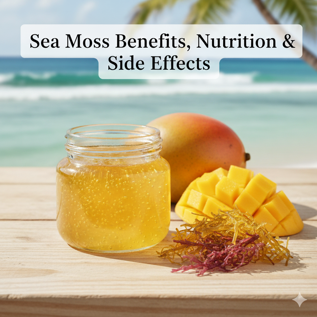 Glass jar of golden sea moss gel, raw sea moss, and a sliced mango on a light wooden surface. Text: "Sea Moss Benefits, Nutrition & Side Effects.