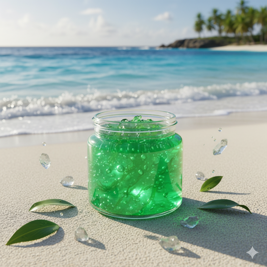 Vibrant jar of organic sea moss gel on tropical ocean backdrop, wellness 2025.