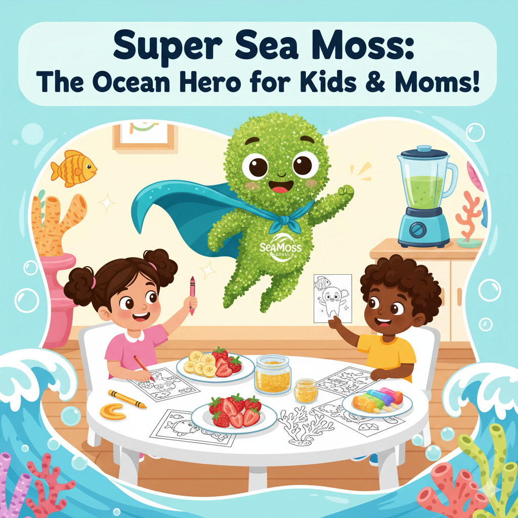 Cartoon Super Sea Moss hero with children, a popsicle, coloring sheet, and sea moss smoothies in an ocean-themed scene.