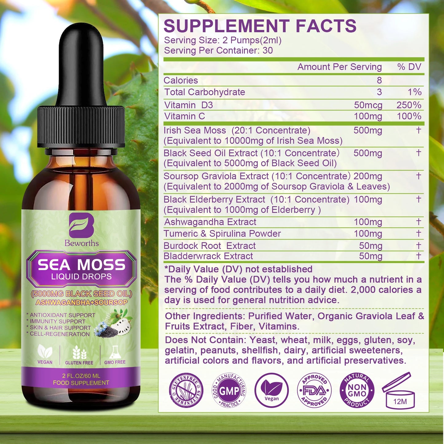 Sea Moss nutrition benefits supplement with black seed, soursop, and elderberries for daily wellness.