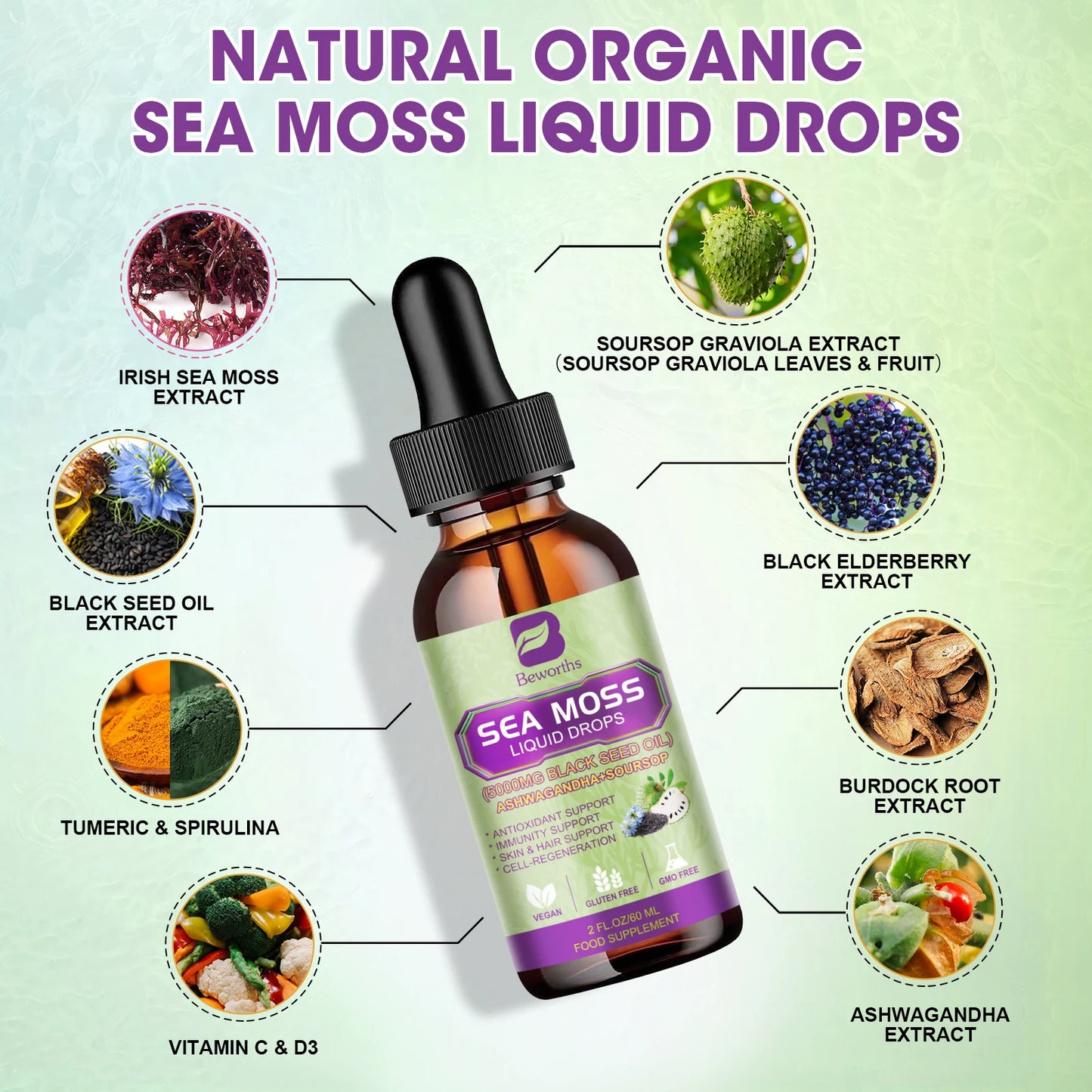 Natural organic sea moss liquid drops showcasing ingredients for sea moss nutrition benefits.