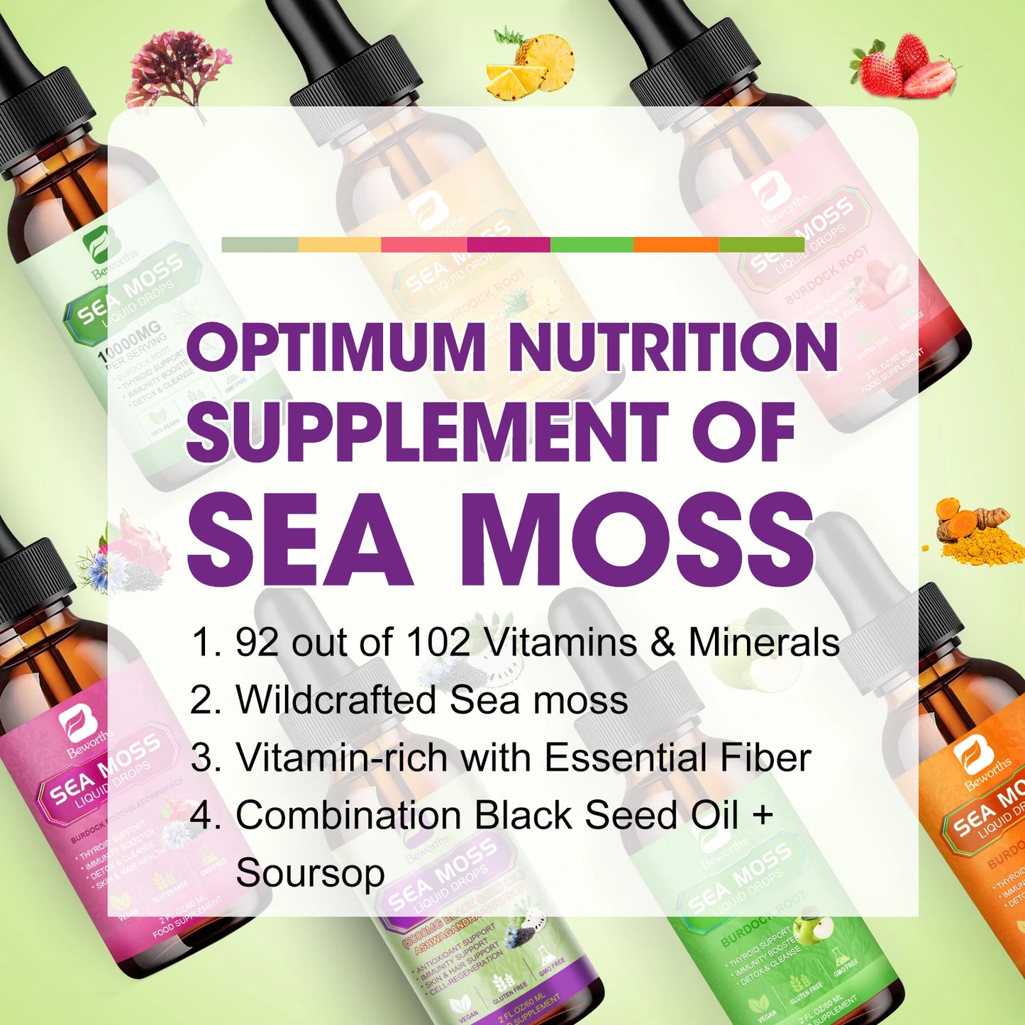 Optimum nutrition supplement of sea moss with soursop black seed and elderberries for sea moss nutrition benefits.