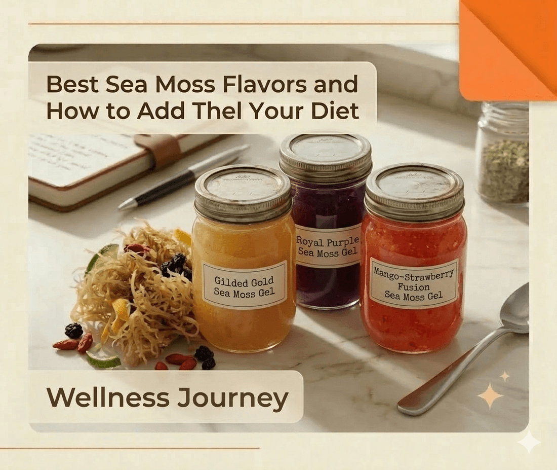Assorted jars of flavored sea moss gel including strawberry, elderberry, and tropical blends on a kitchen counter"