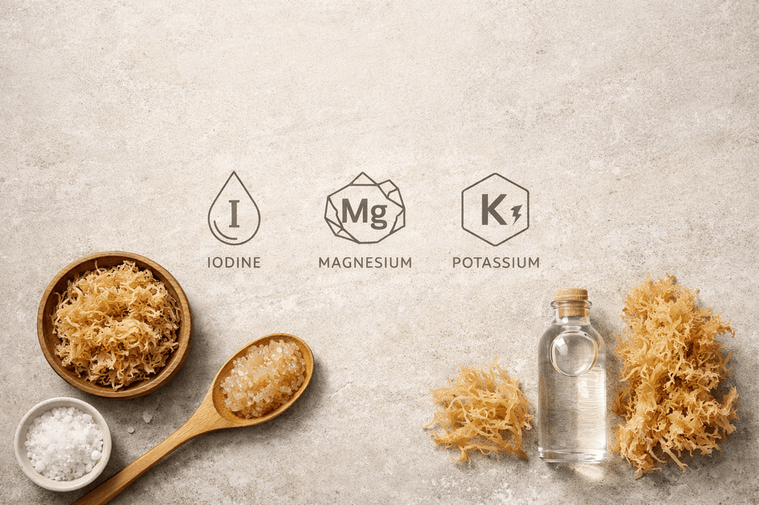 Raw sea moss displayed with mineral icons representing sea moss nutrition.