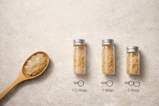 Sea moss dosage guide showing gel and capsule serving sizes.