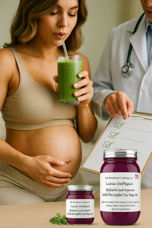 Pregnant woman with sea moss smoothie for prenatal health