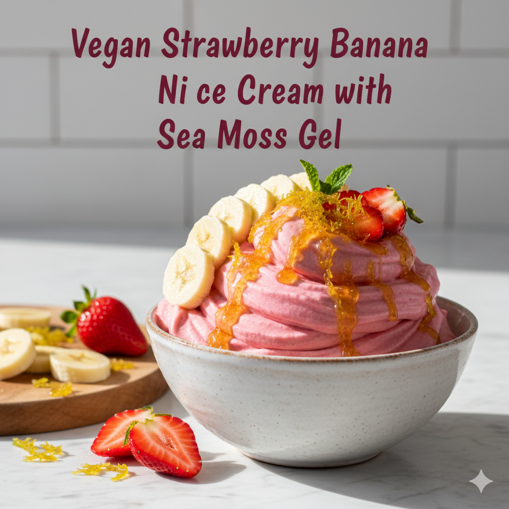 Bowl of strawberry banana nice cream topped with fresh fruit and a drizzle of sea moss gel on a clean kitchen counter.
