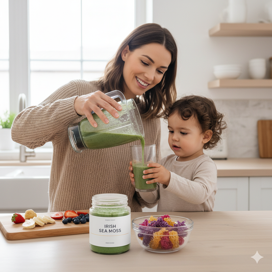 A mother and child preparing a healthy smoothie in a bright kitchen, with a jar of "Irish Sea Moss" and a bottle of sea moss gummies visible on the counter.