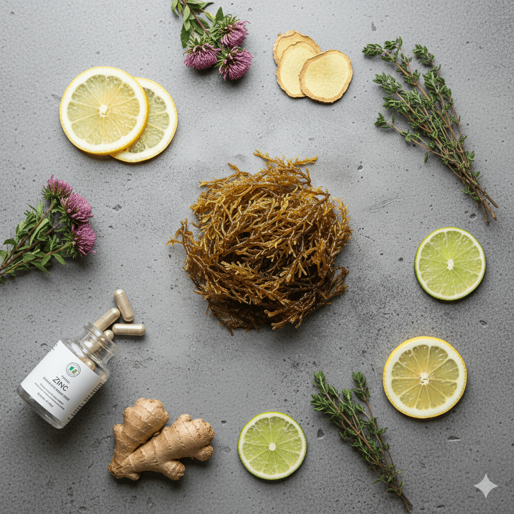 Sea moss displayed with natural immune-supporting ingredients in a wellness flat lay.