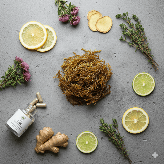 Sea moss displayed with natural immune-supporting ingredients in a wellness flat lay.