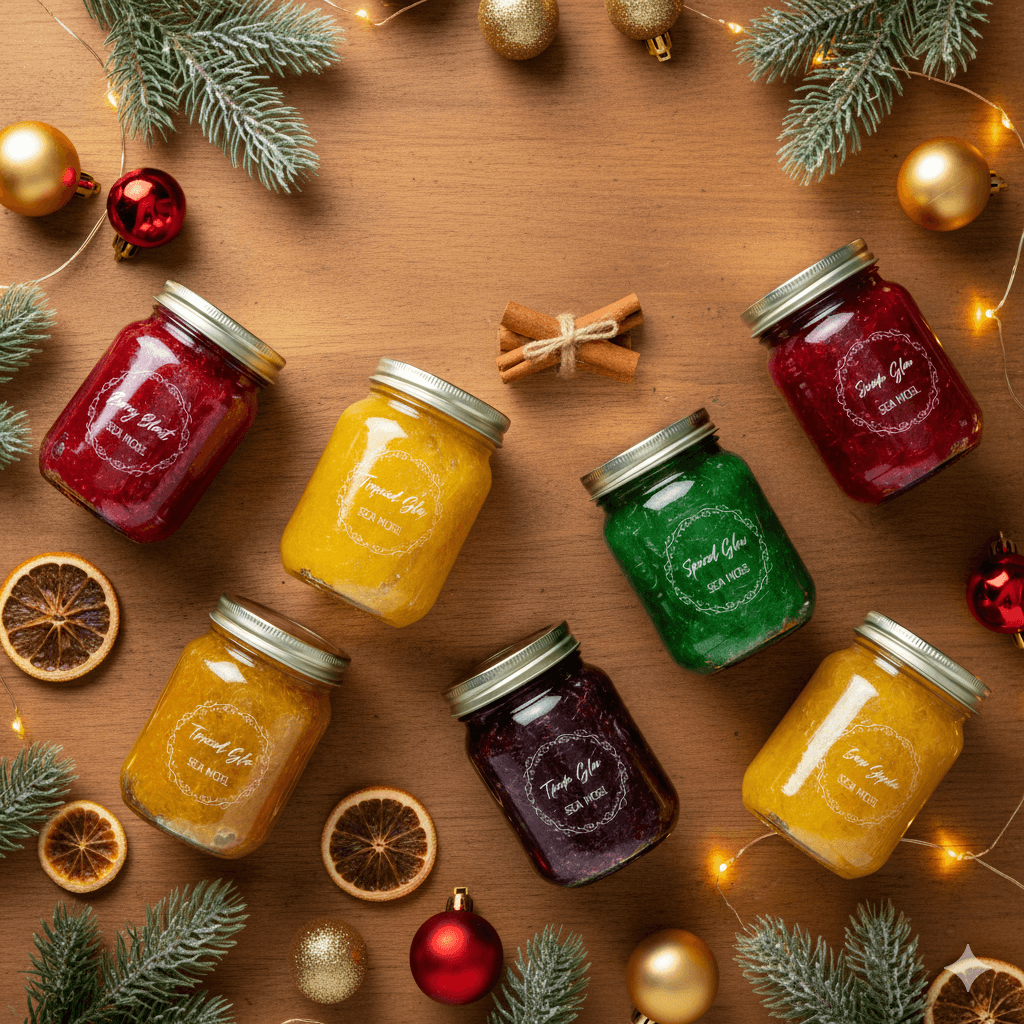 Fruit-infused sea moss gel displayed with Christmas decorations for a holiday wellness gift guide.