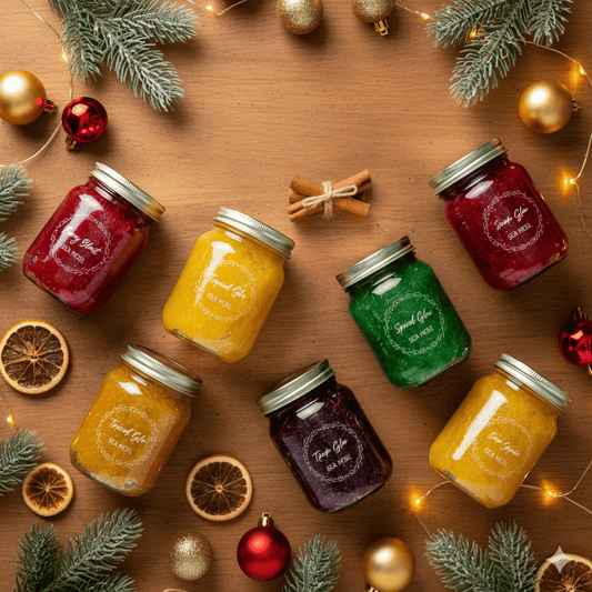 Fruit-infused sea moss gel displayed with Christmas decorations for a holiday wellness gift guide.