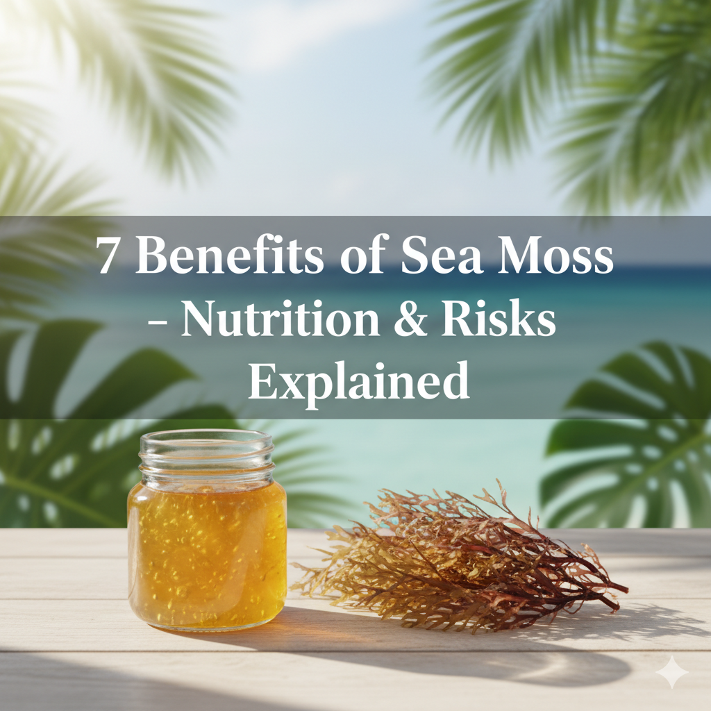 A jar of golden sea moss gel and raw sea moss on a wooden table with a tropical beach background. Text overlay reads: "7 Benefits of Sea Moss – Nutrition & Risks Explained