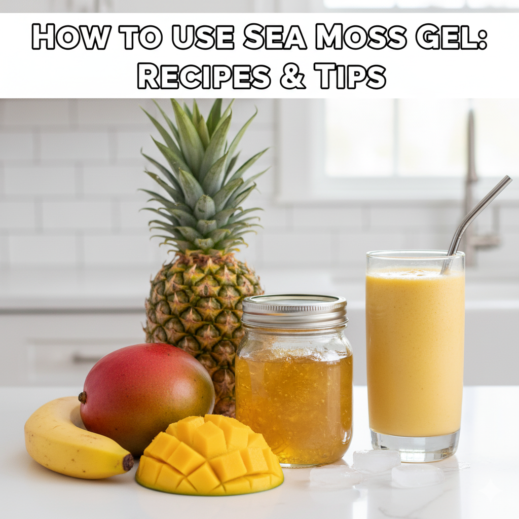 Jar of golden sea moss gel and tropical fruits showing how to use sea moss gel in smoothies and daily recipes.