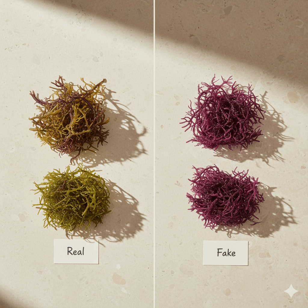 Real vs fake sea moss comparison showing natural irregular strands versus overly uniform dyed strands.
