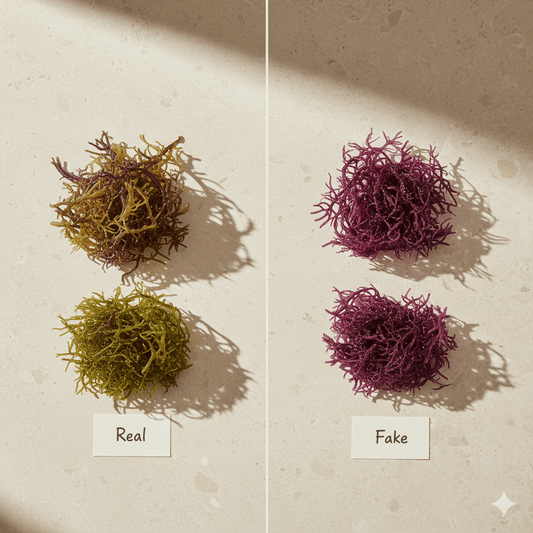 Real vs fake sea moss comparison showing natural irregular strands versus overly uniform dyed strands.