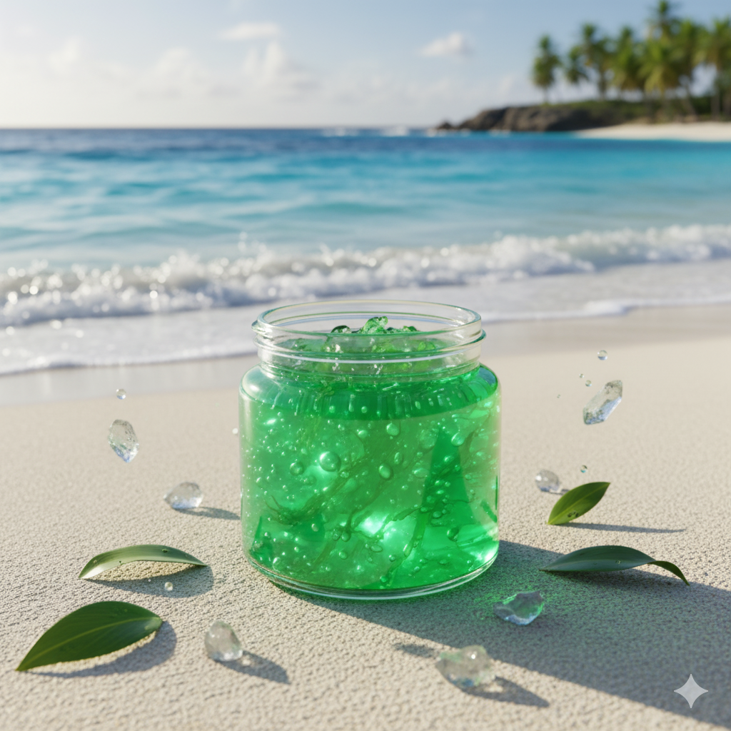 Vibrant jar of organic sea moss gel on tropical ocean backdrop, wellness 2025.