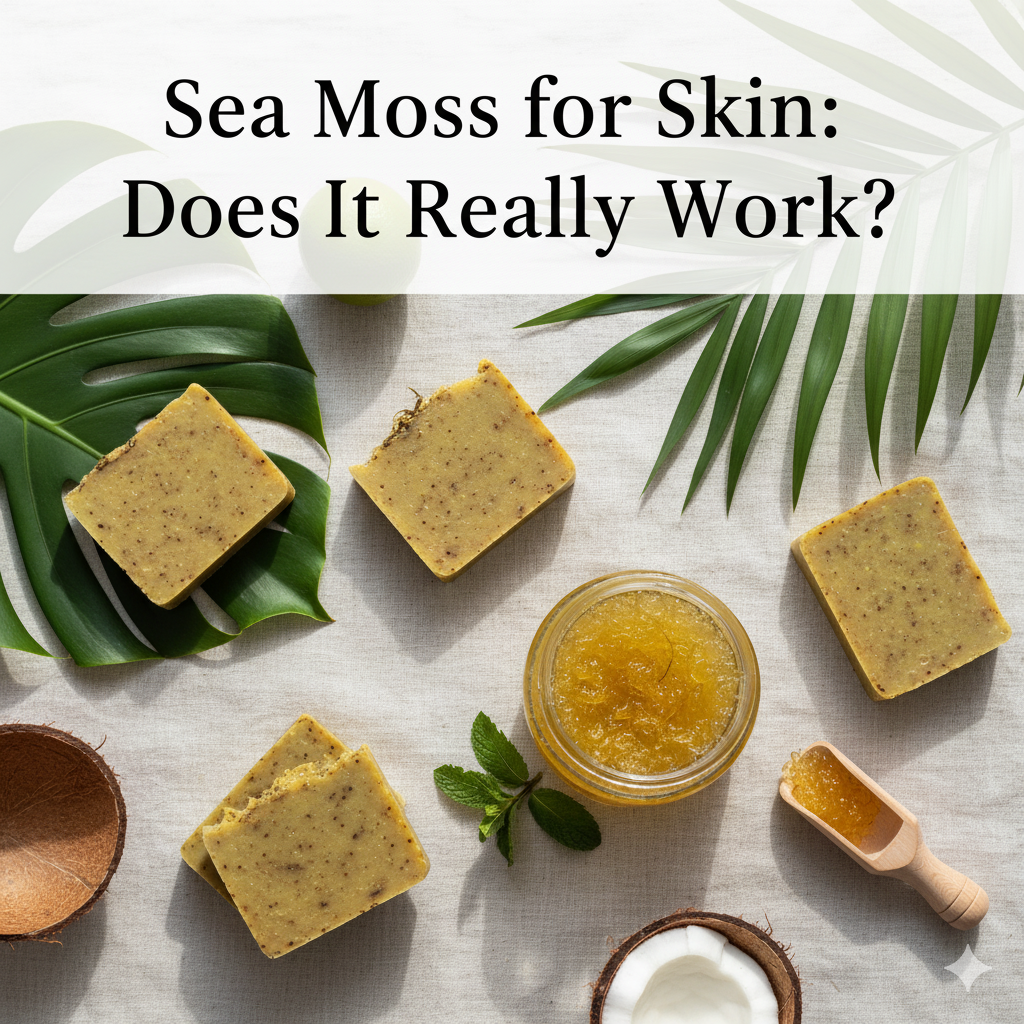 Handmade organic sea moss soap surrounded by natural skincare ingredients highlighting its benefits for skin.