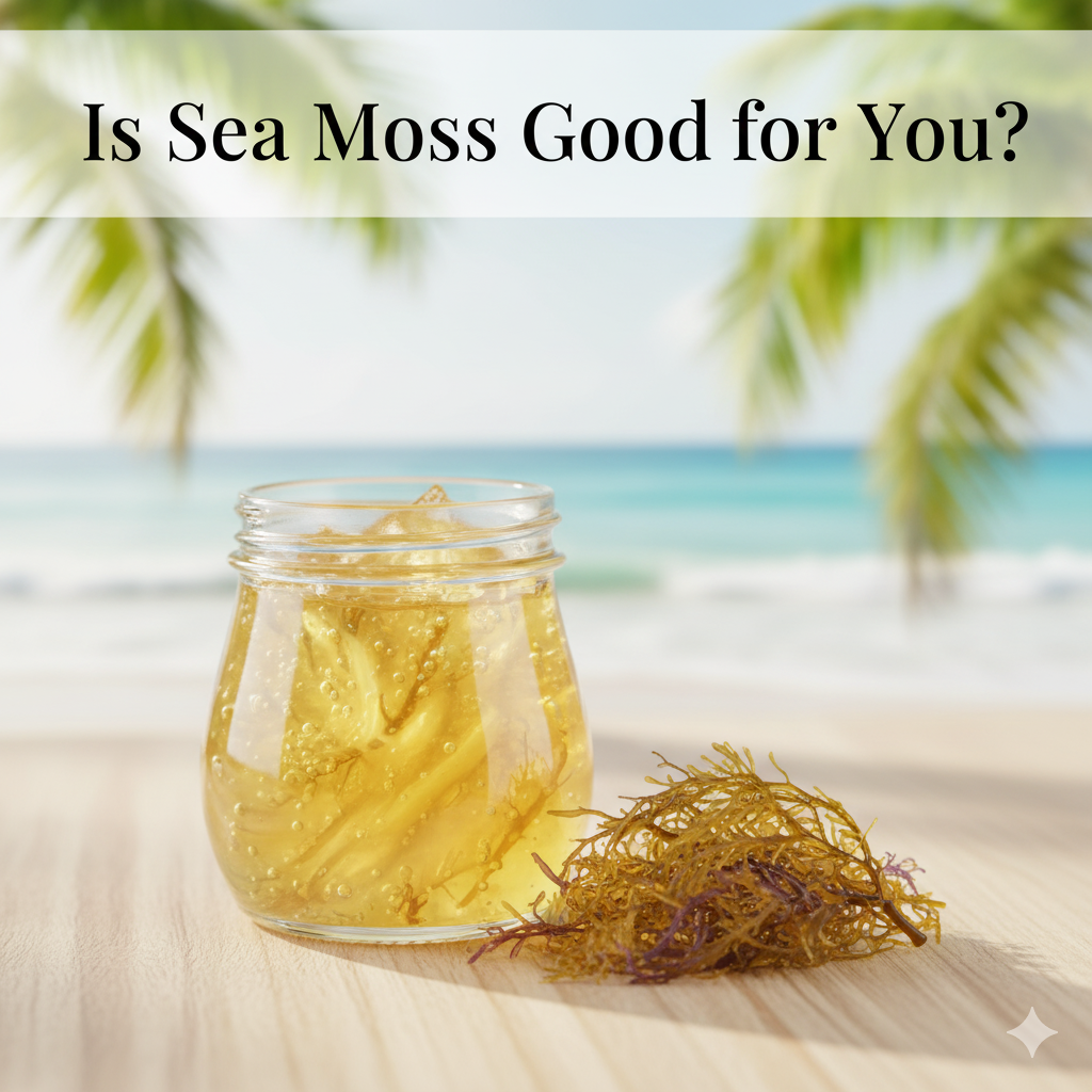 Glass jar of golden sea moss gel and raw sea moss on a wooden surface with a soft, blurred tropical beach background. Text: "Is Sea Moss Good for You?