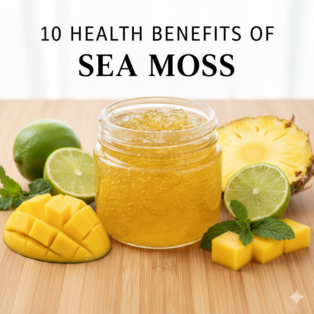 Jar of sea moss gel surrounded by tropical fruits highlighting its health benefits.