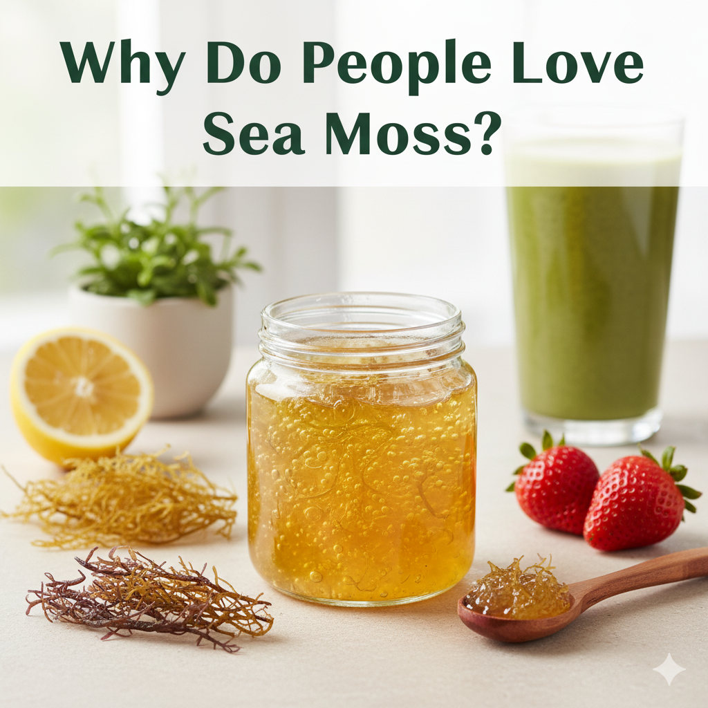 Glass jar of golden sea moss gel, raw sea moss, strawberries, and lemon slices on a clean, light surface. Text: "Why Do People Love Sea Moss?