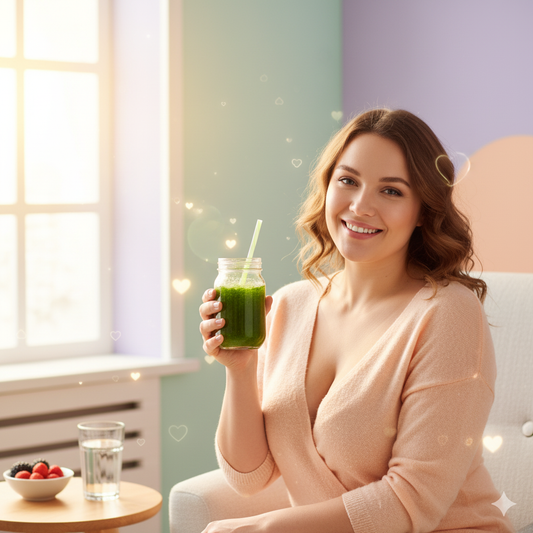 Smiling woman in activewear, with a smoothie and yoga mat, representing health and wellness.