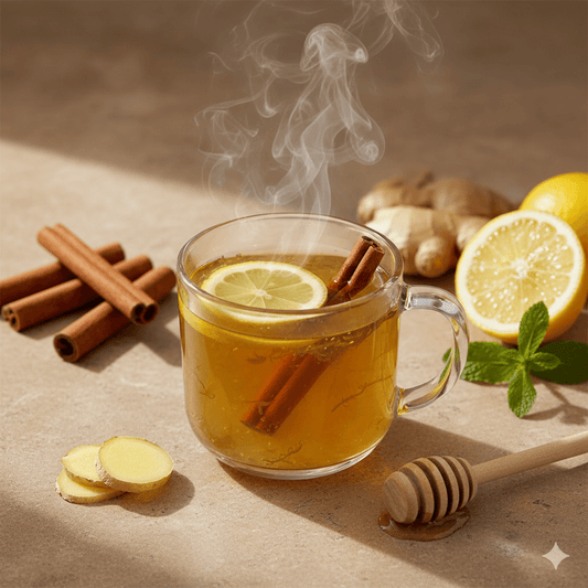 Cup of sea moss tea with ginger and lemon for an immunity-boosting recipe.