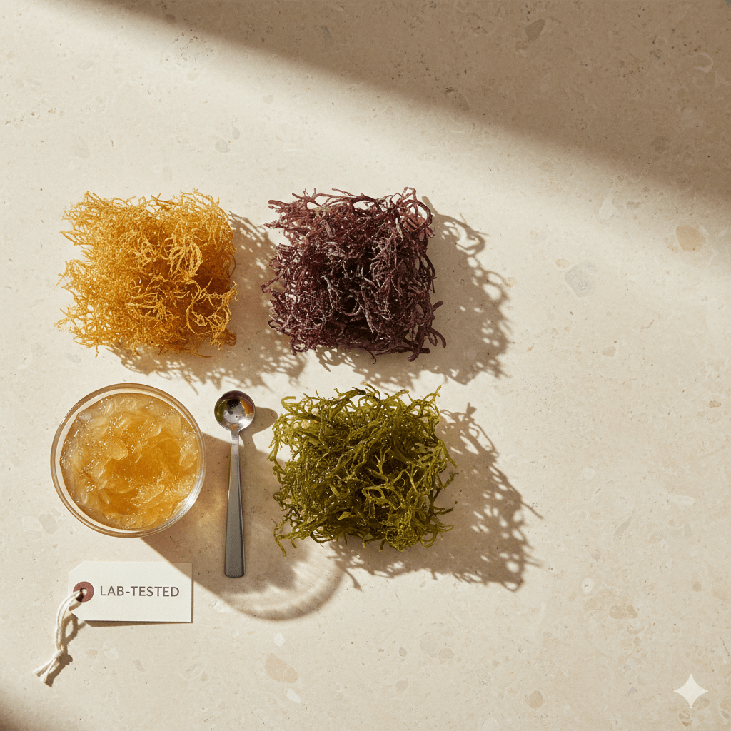 Minimal infographic with 5 icons: structure, color, smell, soak, blend. Neutral palette, modern typography, high credibility supplement brand style