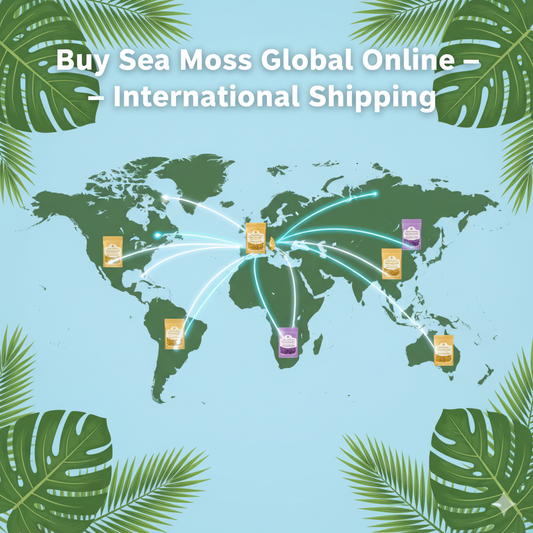 World map showing Sea Moss Global’s international shipping routes for sea moss products.