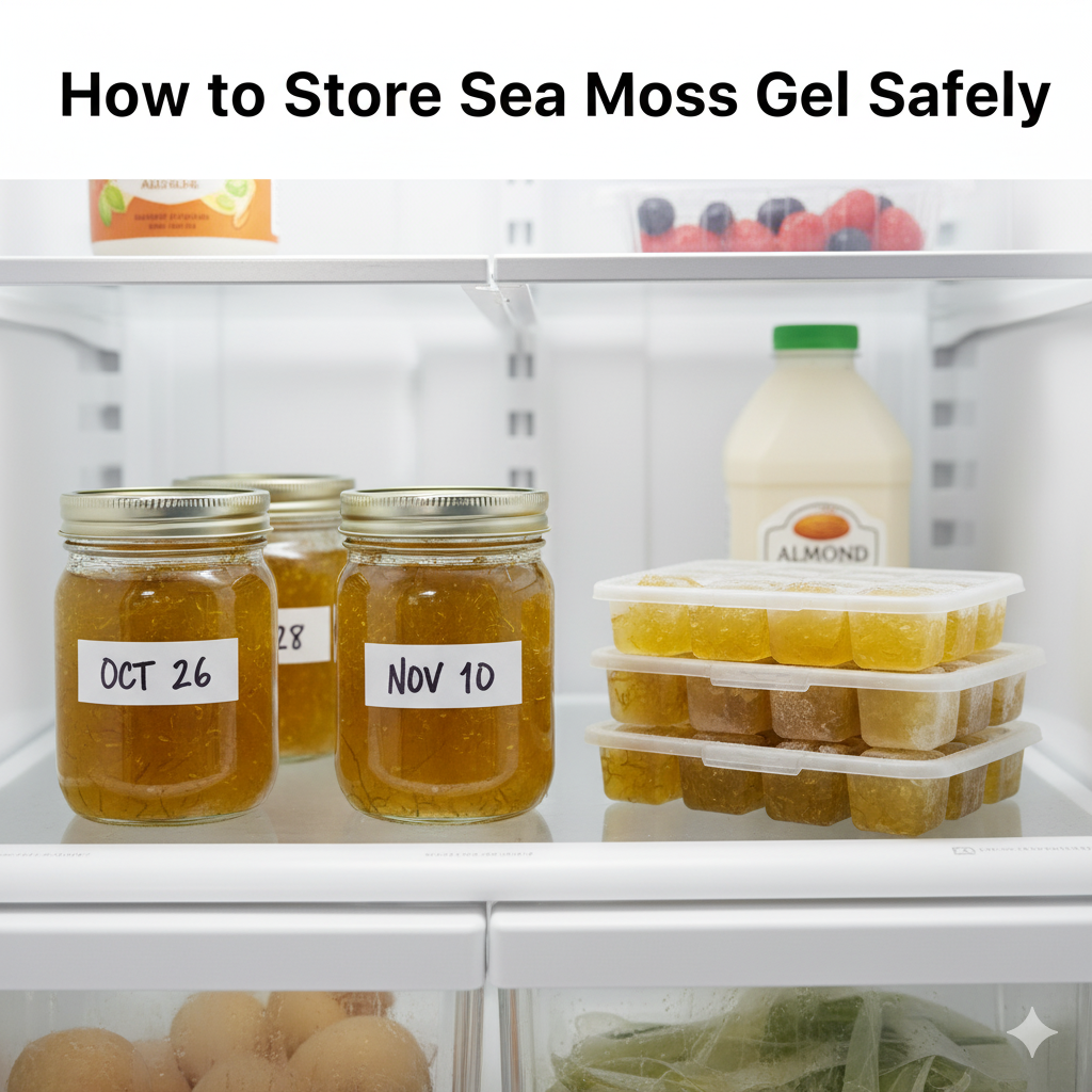 Sea moss gel jars stored in a refrigerator with labeled dates showing proper preservation and storage.