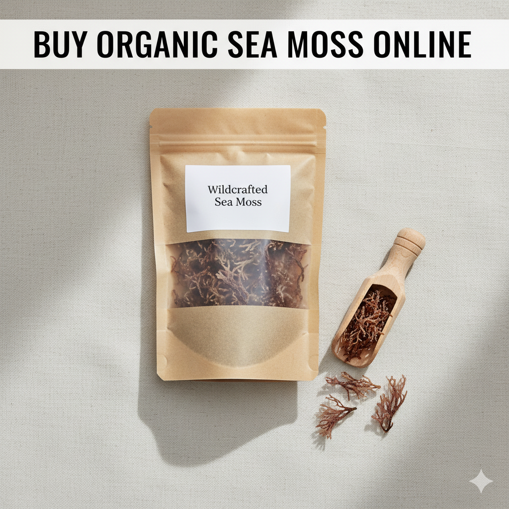 Organic wildcrafted sea moss in eco-friendly packaging showing where to buy high-quality sea moss online.