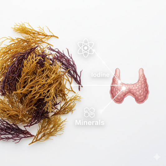 Wild-harvested sea moss and thyroid gland illustration showing iodine and mineral support.