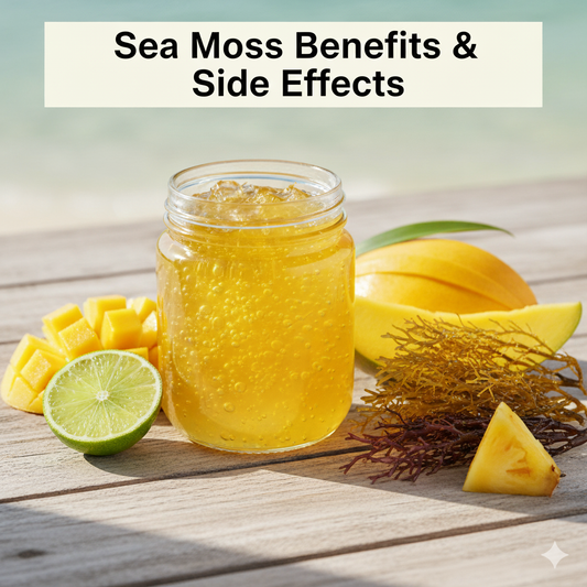 Golden sea moss gel, fresh sea moss, mango, and lime slices on a white and sand-colored surface. Text: "Sea Moss Benefits & Side Effects.