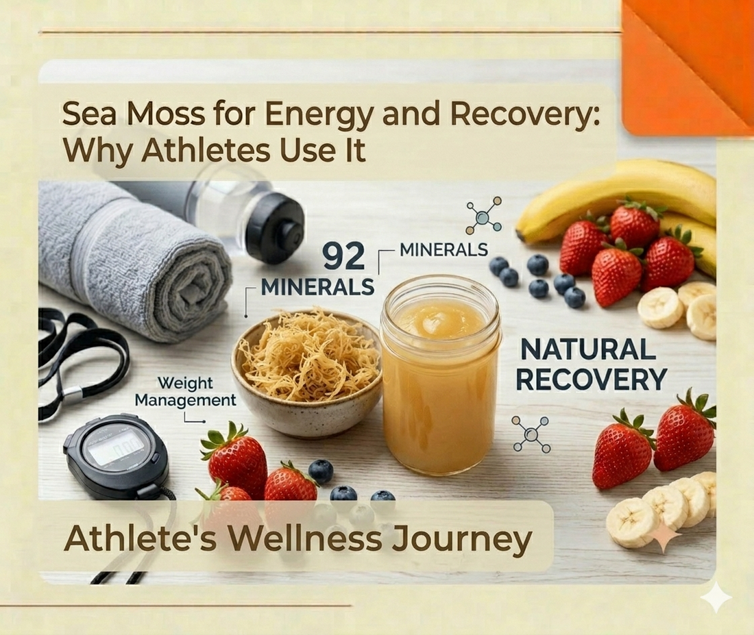 Professional product photograph of raw wildcrafted sea moss gel in a clear glass jar on a minimalistic white marble background.