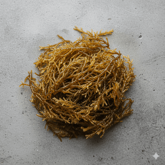 Golden wildcrafted sea moss displayed in a premium wellness flat lay.