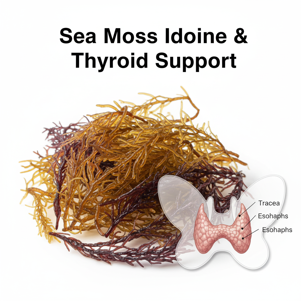 Wild-harvested sea moss next to a thyroid gland illustration, highlighting iodine support.