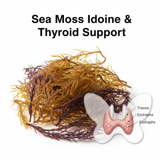 Wild-harvested sea moss next to a thyroid gland illustration, highlighting iodine support.