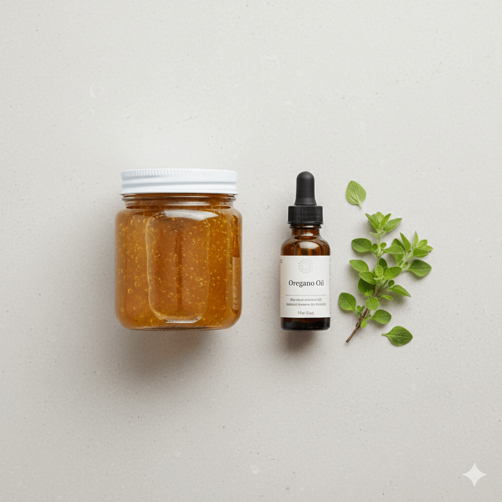 Sea moss gel and oregano oil displayed together for wellness guide.