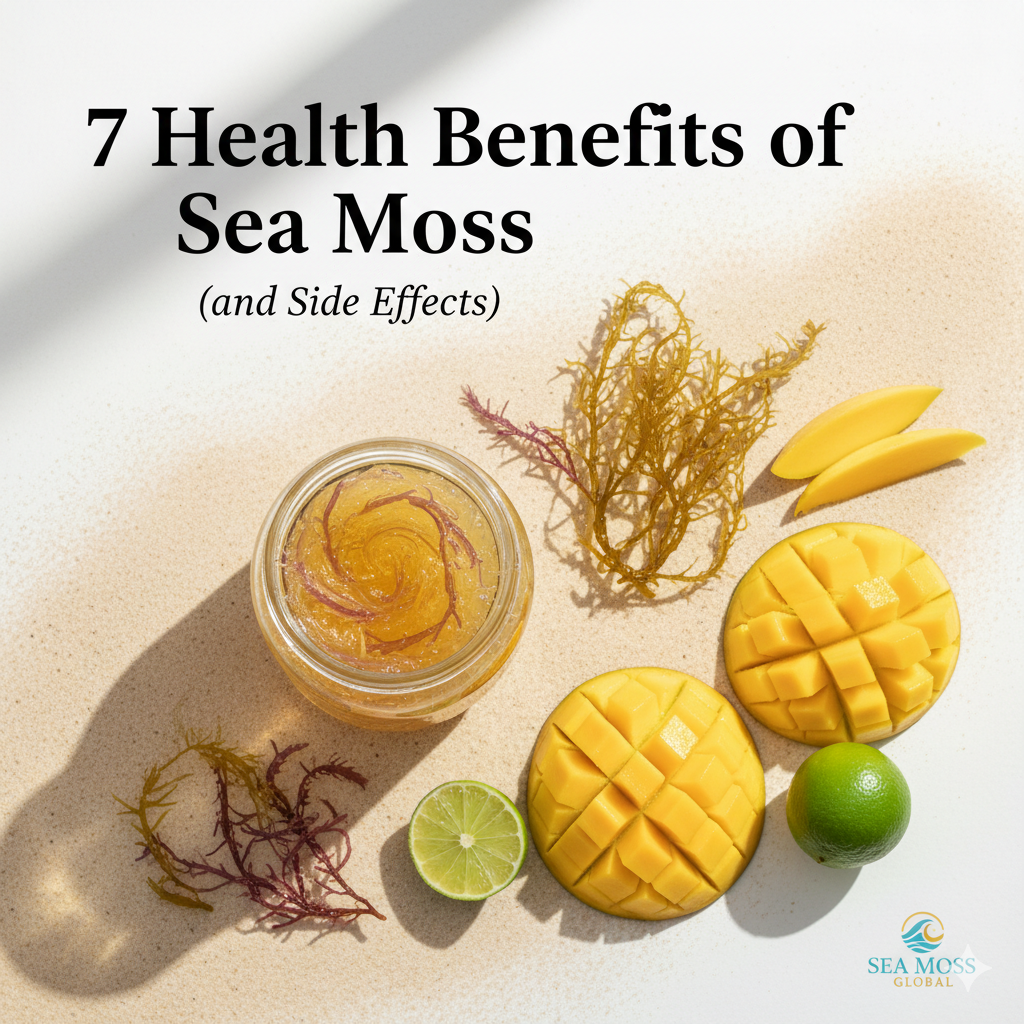 Golden sea moss gel jar, fresh sea moss, mango, and lime on sand. Text: "7 Health Benefits of Sea Moss (and Side Effects).