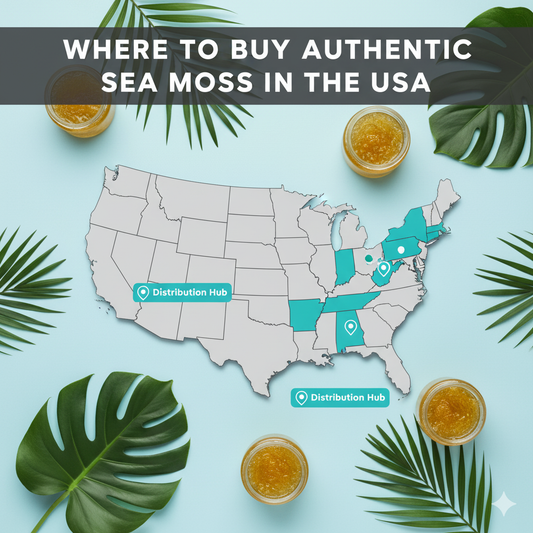 Map of the USA showing Sea Moss Global distribution for authentic wildcrafted sea moss nationwide.
