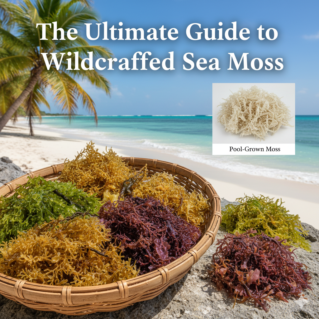Wildcrafted Caribbean sea moss sun-drying by the sea compared with pool-grown moss, illustrating quality difference.