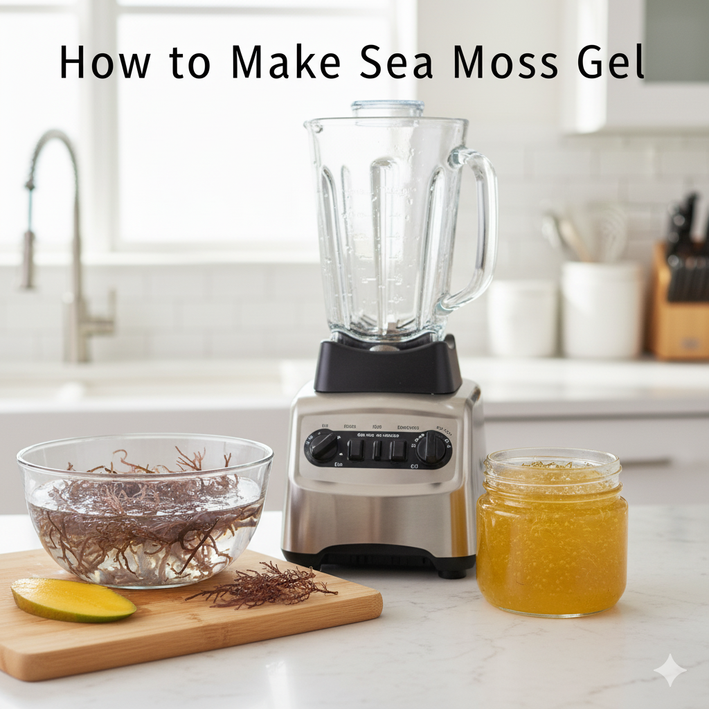 Homemade sea moss gel in a glass jar beside blender and soaked sea moss ingredients.
