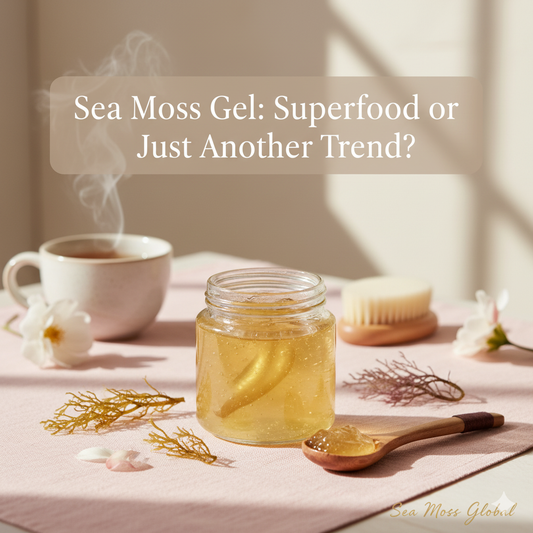 Glass jar of golden sea moss gel, fresh sea moss, a wooden spoon, and small flowers on a soft neutral surface. Text: "Sea Moss Gel: Superfood or Just Another Trend?