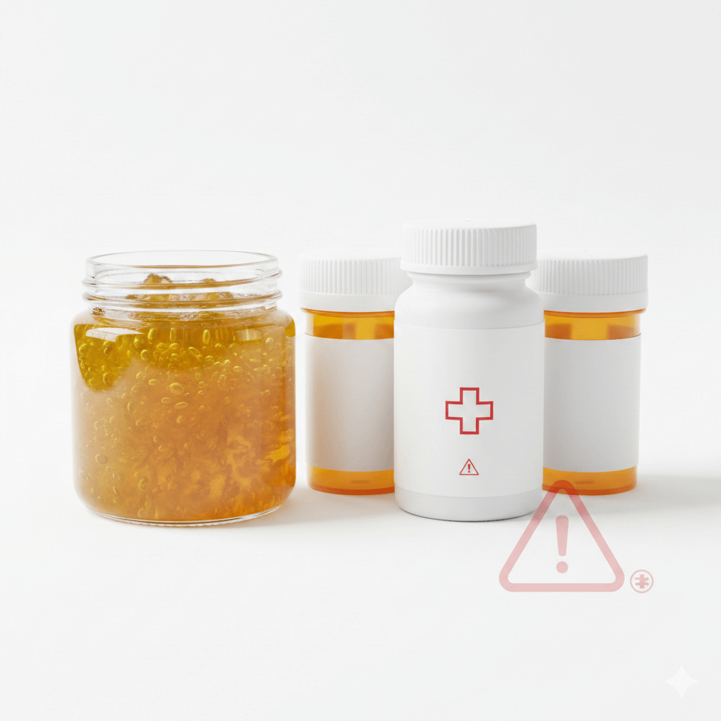 Organic sea moss and medication bottles illustrating potential drug interactions.