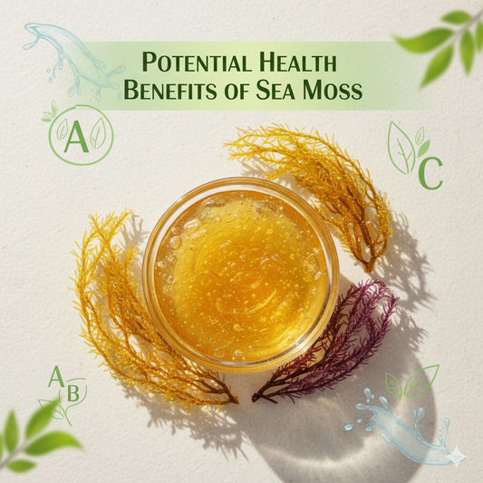 Golden sea moss in a glass bowl on a neutral background, surrounded by water splashes, vitamin icons, and green leaves. Text: "Potential Health Benefits of Sea Moss.