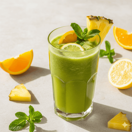 Glass of sea moss juice detox with fresh fruit ingredients.