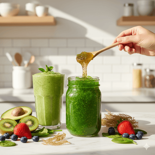 Professional product photograph of raw wildcrafted sea moss gel in a clear glass jar on a minimalistic white marble background.