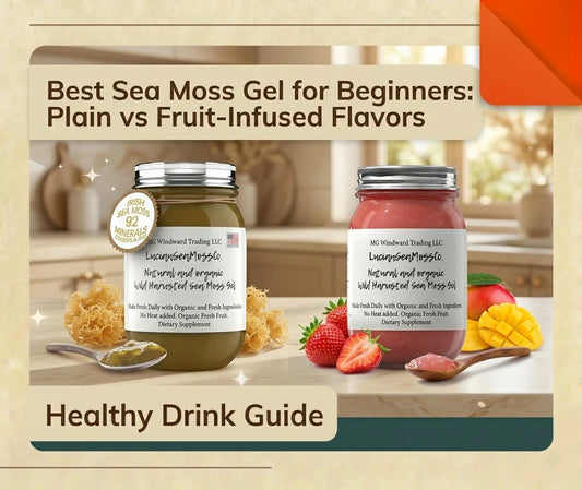 Plain golden sea moss gel and strawberry fruit-infused sea moss gel in glass jars, displayed with fresh mango, strawberries, blueberries, and dried sea moss.
