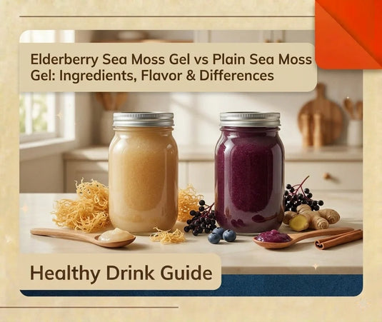 Elderberry sea moss gel and plain golden sea moss gel displayed in glass jars with elderberries, ginger, cinnamon and dried sea moss.