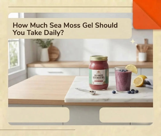 Sea Moss Global sea moss gel jar with measuring spoon and smoothie ingredients showing daily serving guidance